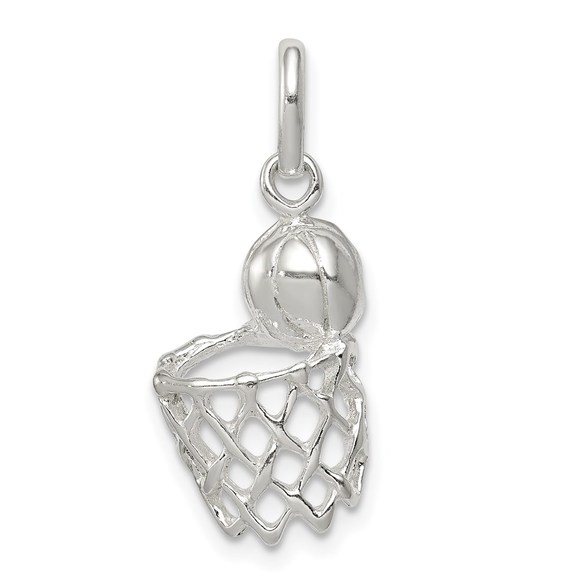925 Sterling Silver Genuine Sports Basketball In Hoop Charm - Picture 1 of 5